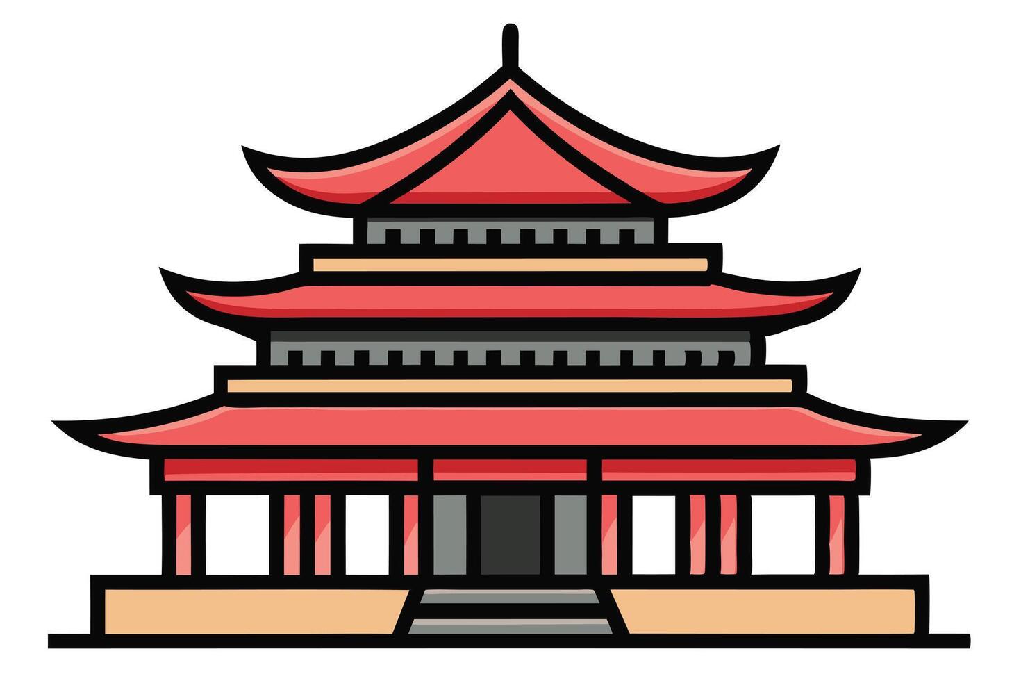 Black and white illustration of a traditional Asian temple. vector