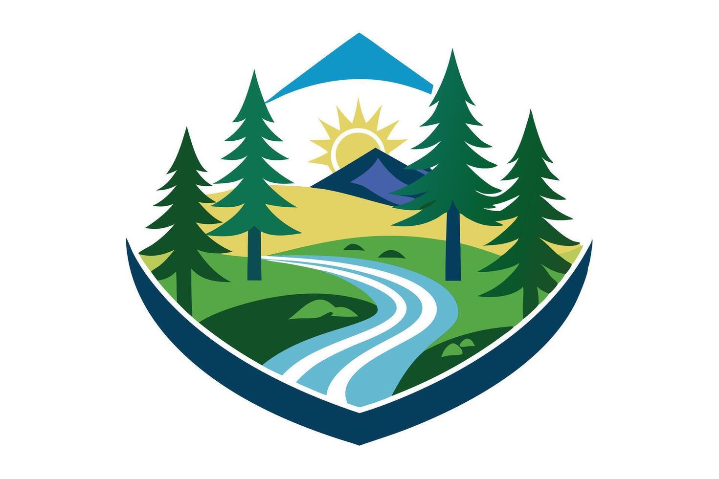 illustration of a serene mountain landscape with a flowing river. vector