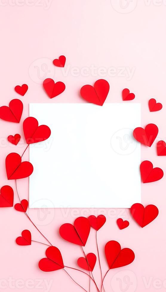 Red Paper Hearts Arranged on White Background design. photo