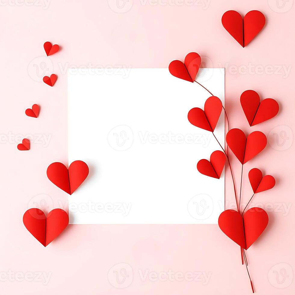 Red Paper Hearts Arranged on red Background photo