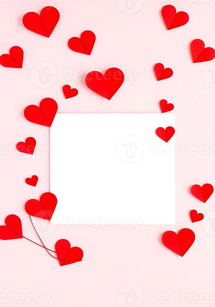 Red Paper Hearts Arranged and White Background photo