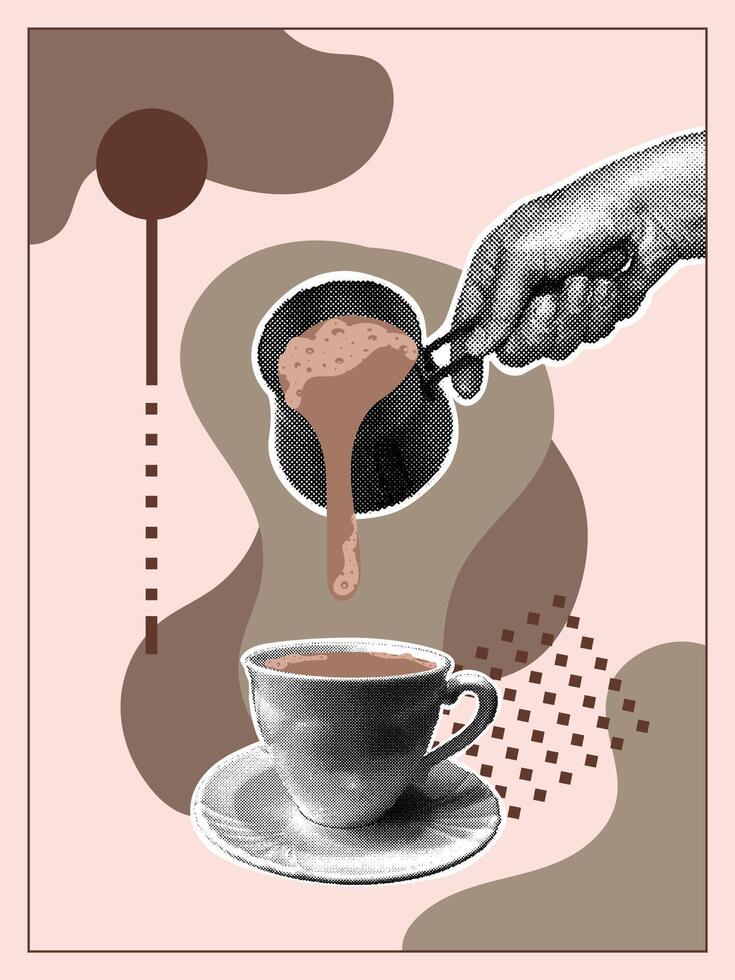 Trendy halftone collage. Hand with halftone effect pouring coffee from turbo into porcelain cup on abstract background. Abstract background color Mocha Mousse vector