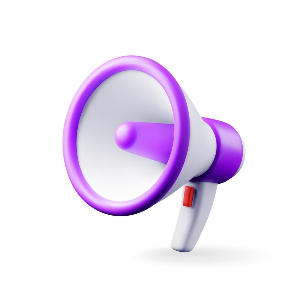 3D megaphone isolated on white background. Render plastic megaphone realistic. Modern bullhorn or loudspeaker. Announcement message, marketing, job, attention vector