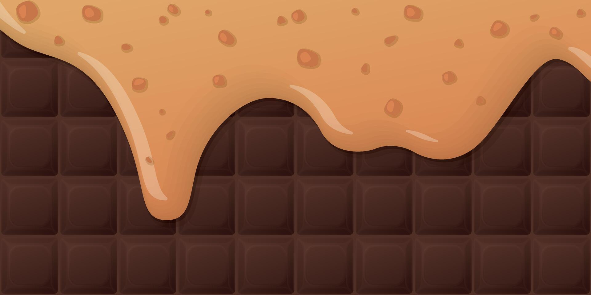 Melted salted caramel pouring on milk chocolate bar background graphic illustration. vector