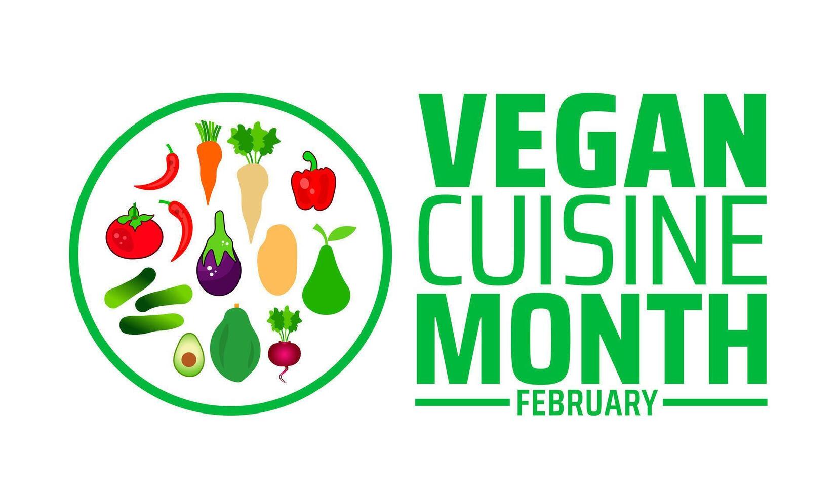 Vegan Cuisine Month background banner or poster design template. observed every year in February. Holiday concept. Use to any Template, card, poster, placard, template. vector