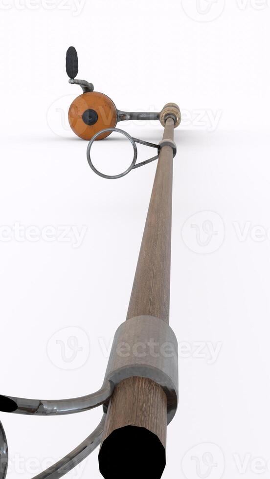 a fishing pole with a reel and a wooden handle 2 photo