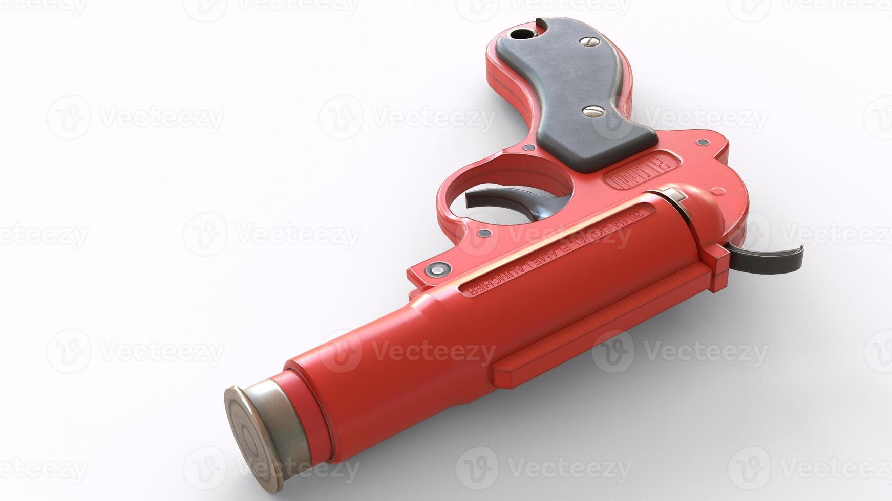 a red gun with a black handle on a white surface 1 photo