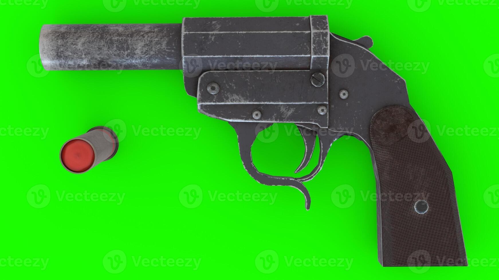 a revolver and a bullet on a green screen 1 photo