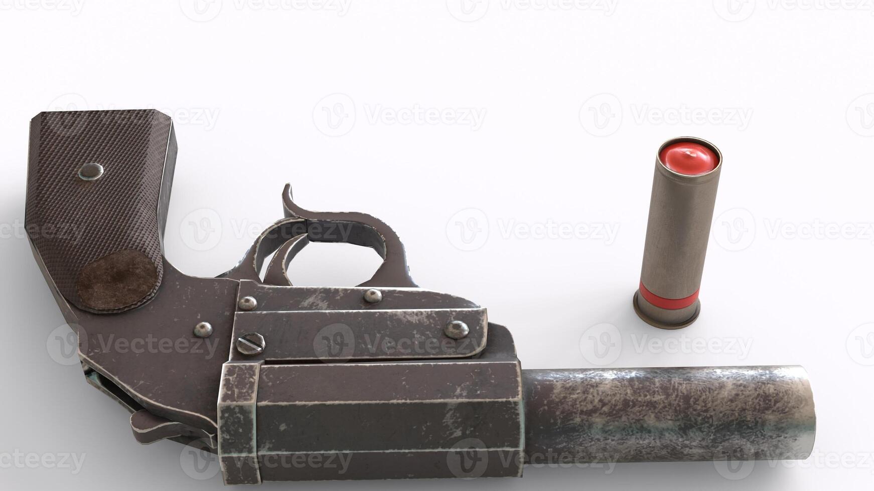 a revolver and a bullet are on a white surface photo