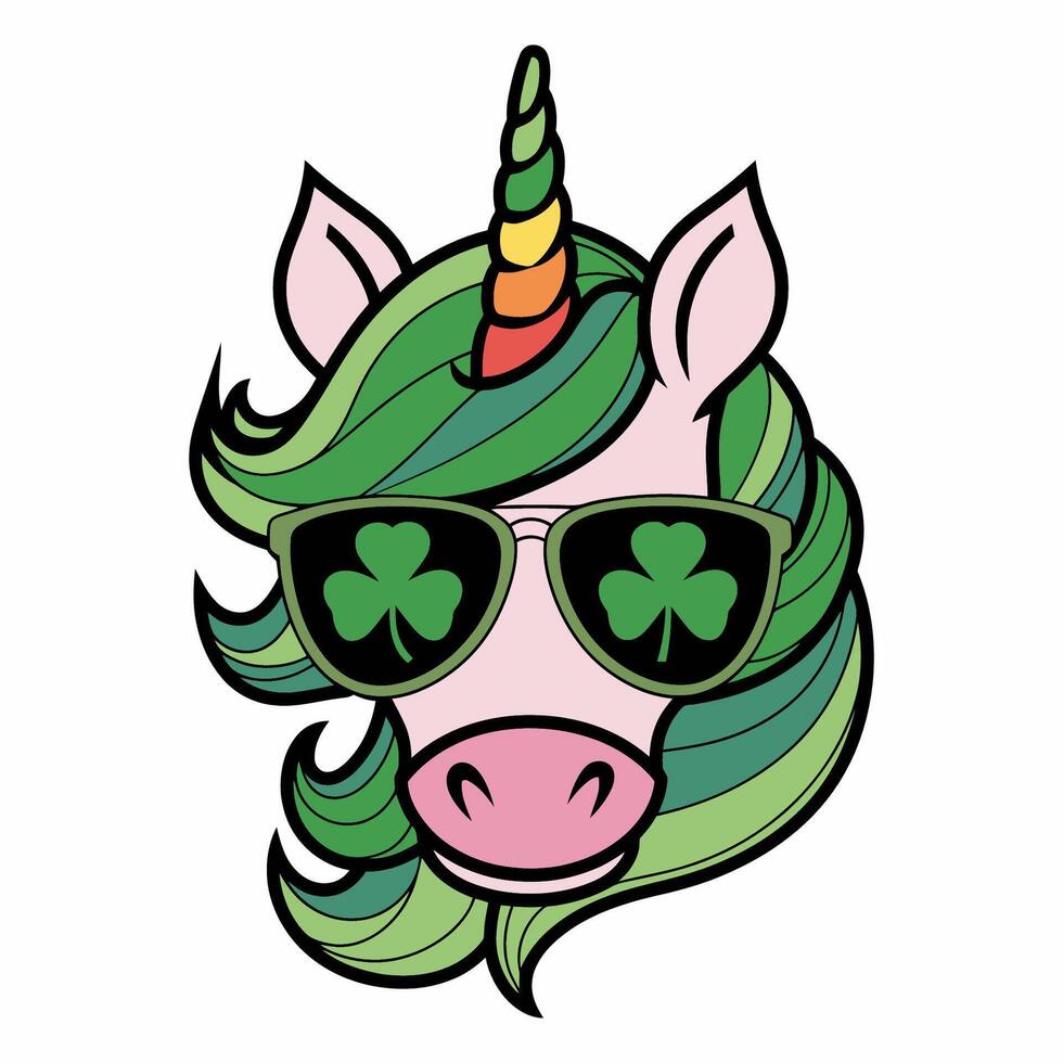 St. Patrick's Day Unicorn Face with Shamrock Sunglasses Illustration vector