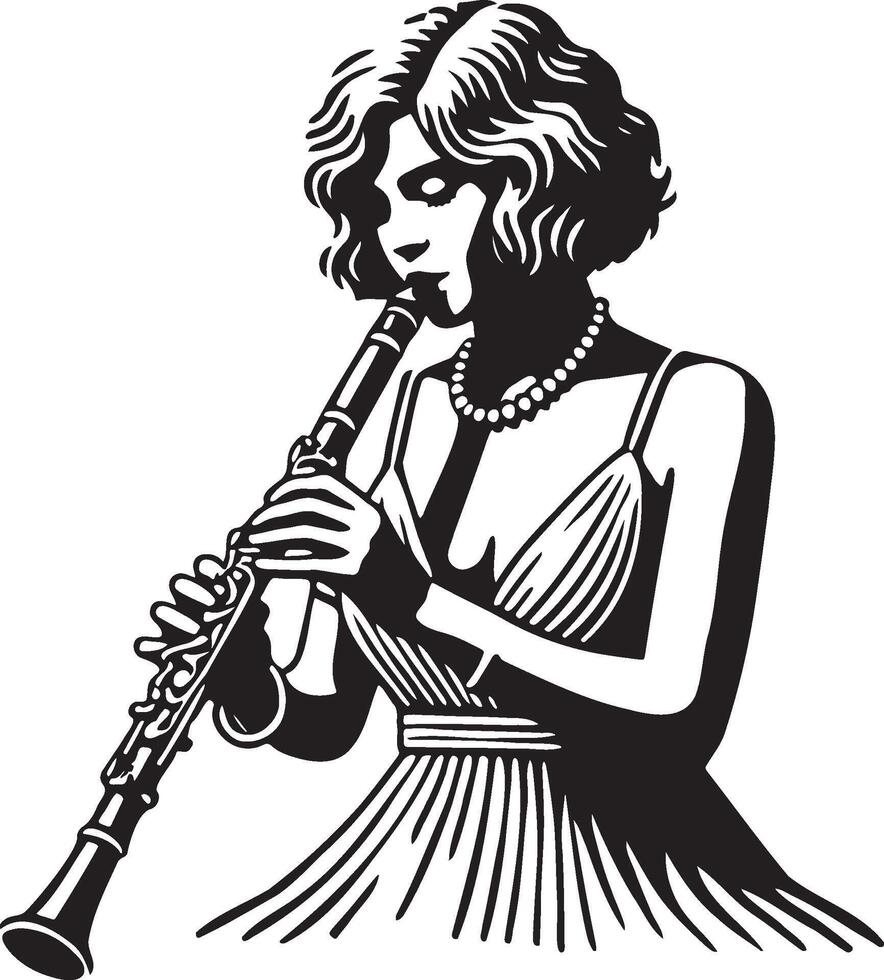 A Beautiful Woman Play Clarinet. vector