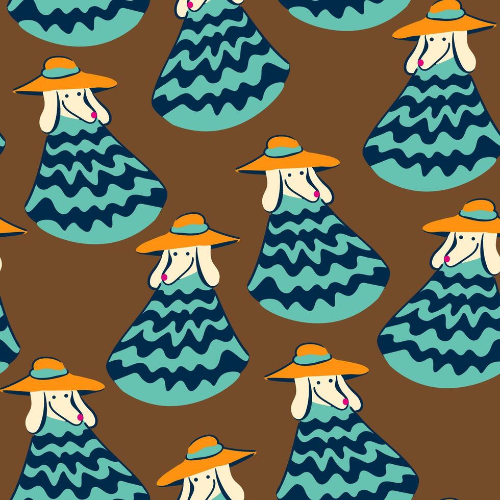 seamless pattern with furry dog character in hat and poncho vector