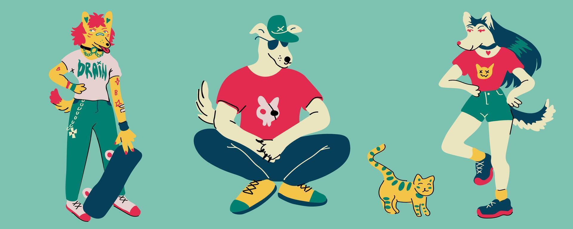 furry dogs characters with a cat vector