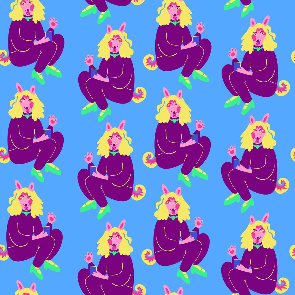 seamless pattern with furry character with phone vector