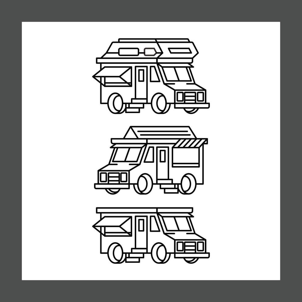 Three outlined designs of vehicles, each resembling a camper or food truck vector