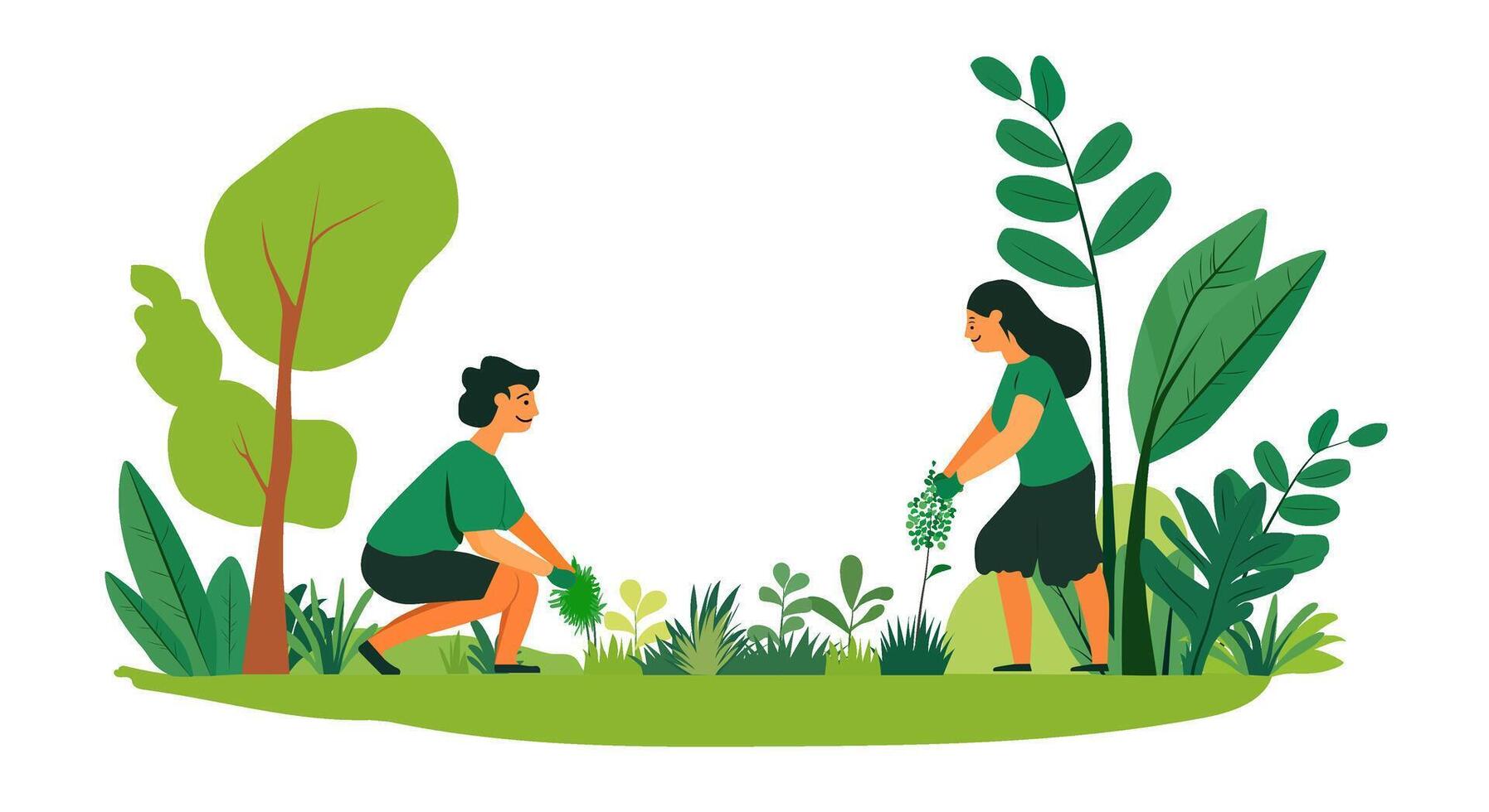 cartoon of two people planting a small tree in nature for the environment vector
