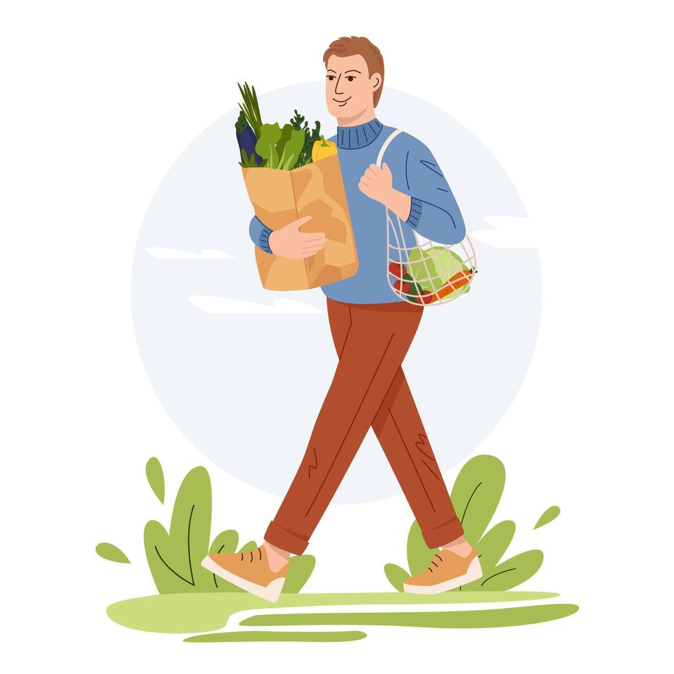 Man full length holding eco vegetables in grocery paper bag and string bag. Vegan boy eat organic products. Zero waste concept. Flat illustration vector