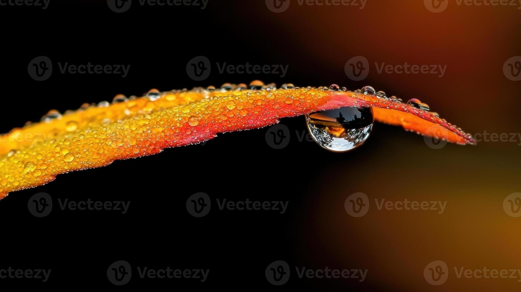 Macro Photography of Dewdrop on Vibrant Autumn Leaf Nature s Reflection photo