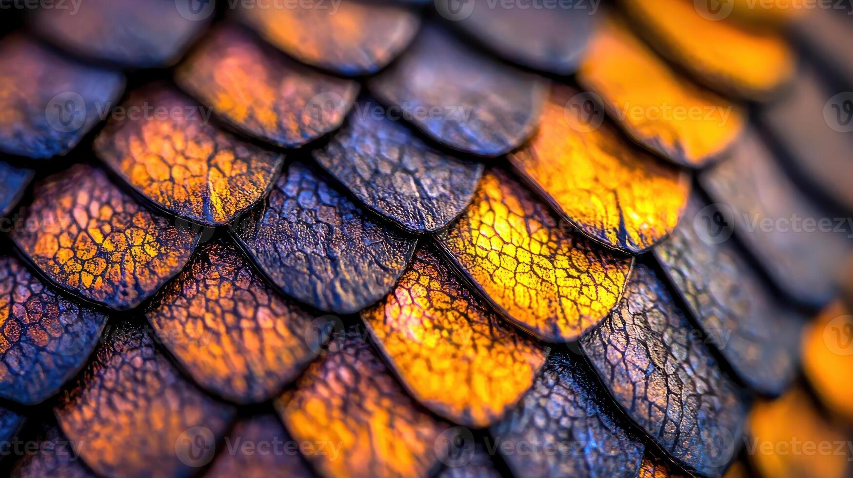 Close up Detailed Texture of Golden and Dark Blue Scales Reptile Skin Fantasy Dragon Scales photo