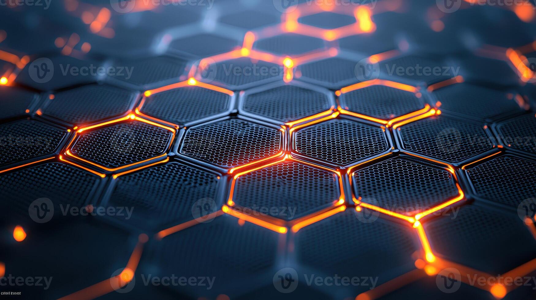 Abstract Hexagonal Grid Pattern with Glowing Orange Lines Dark Tech Background photo