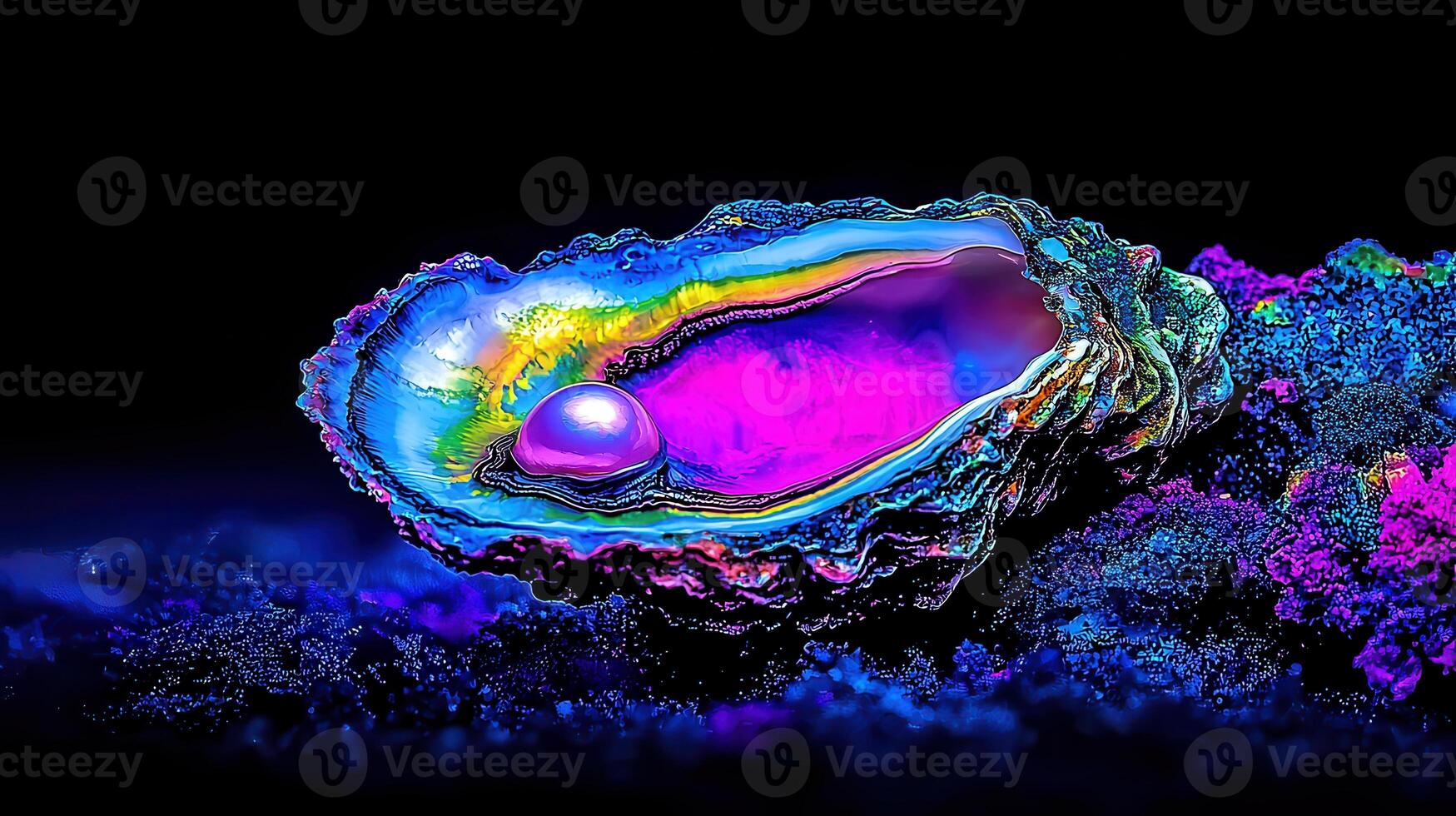 Vibrant iridescent oyster shell with pearl abstract underwater scene fantasy art photo