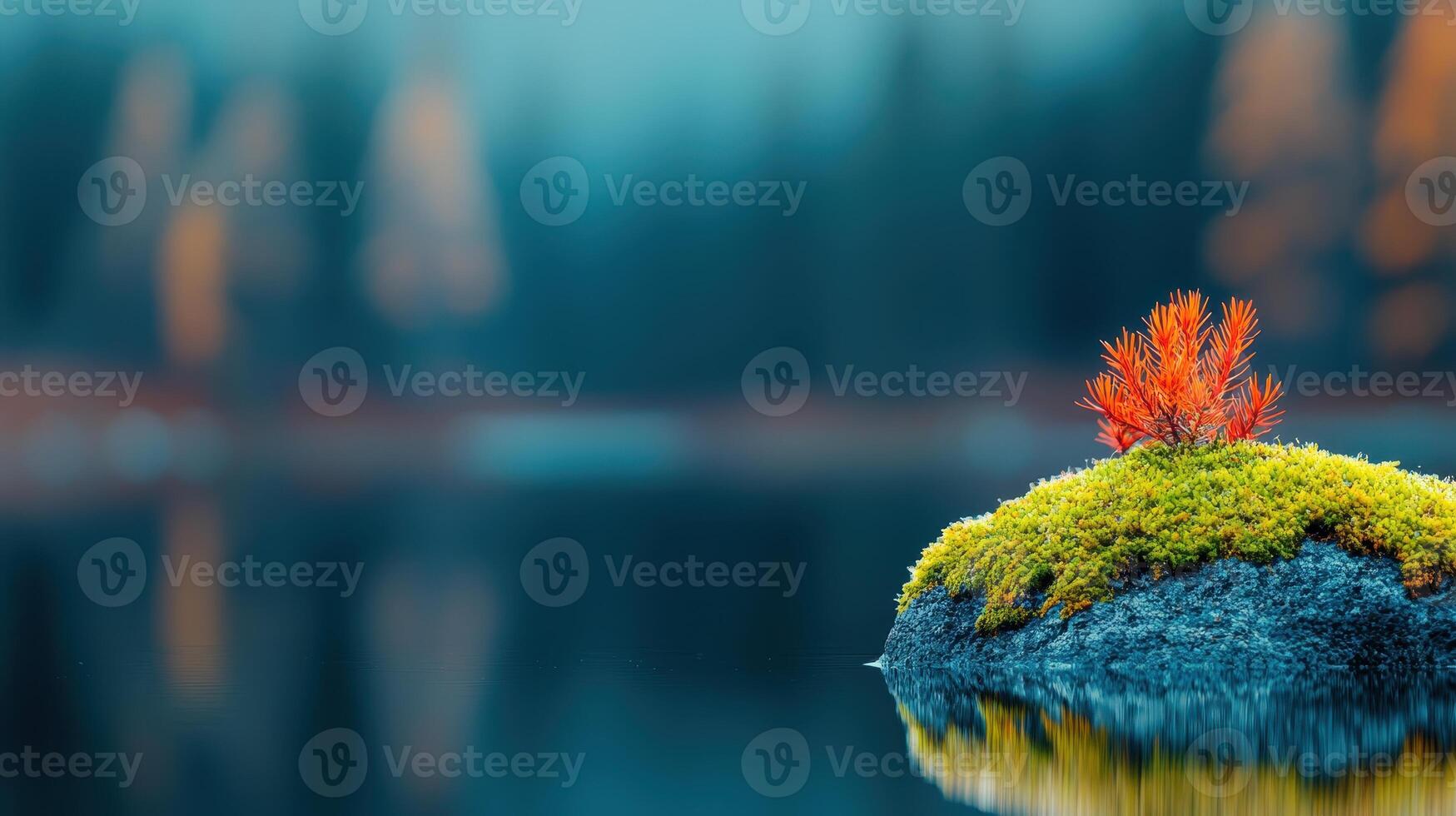Serene Autumn Landscape Mossy Rock with Vibrant Red Plant in Still Water photo