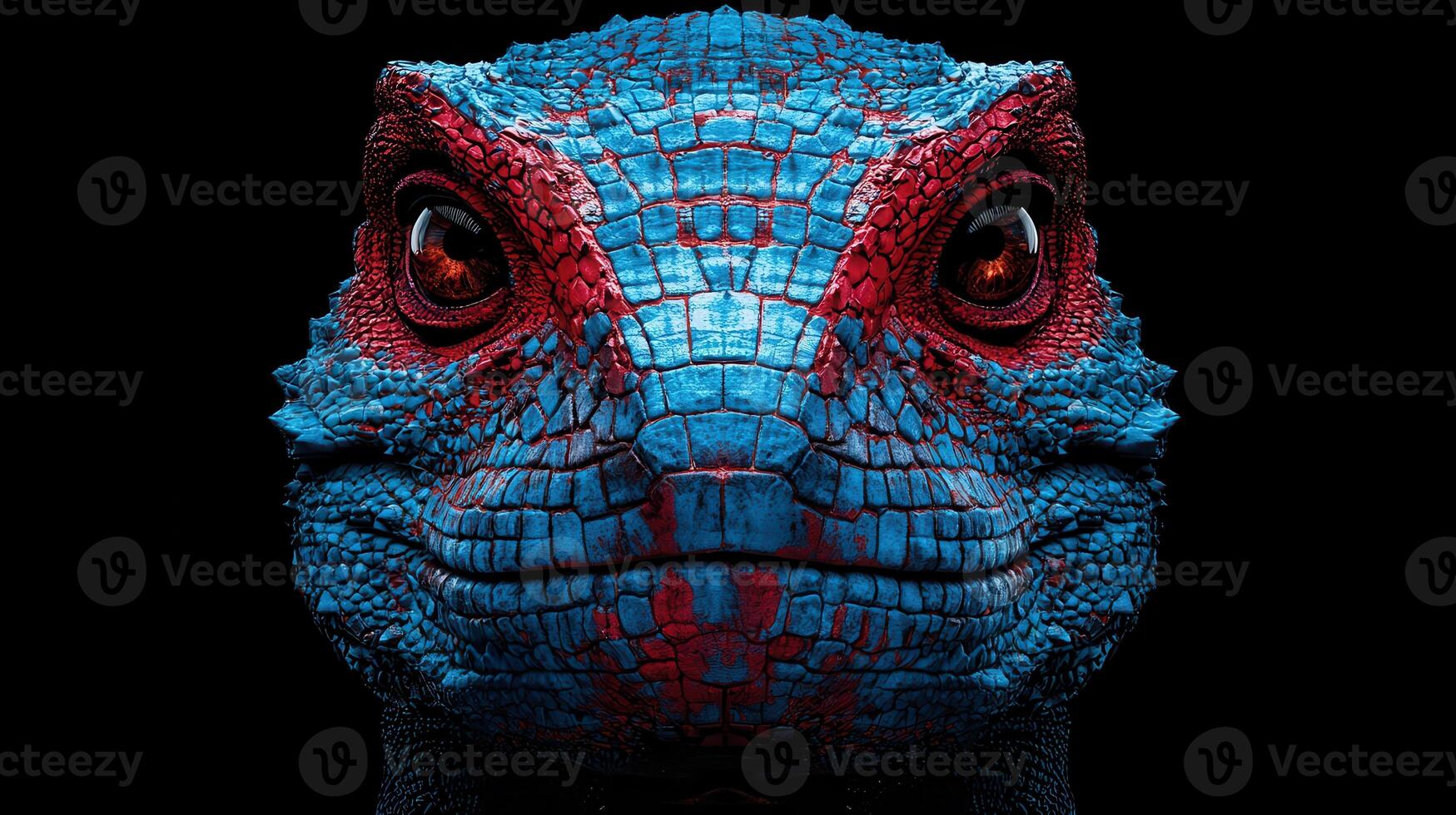 Close up Portrait of a Blue and Red Lizard Reptile Fantasy Creature Digital Art photo