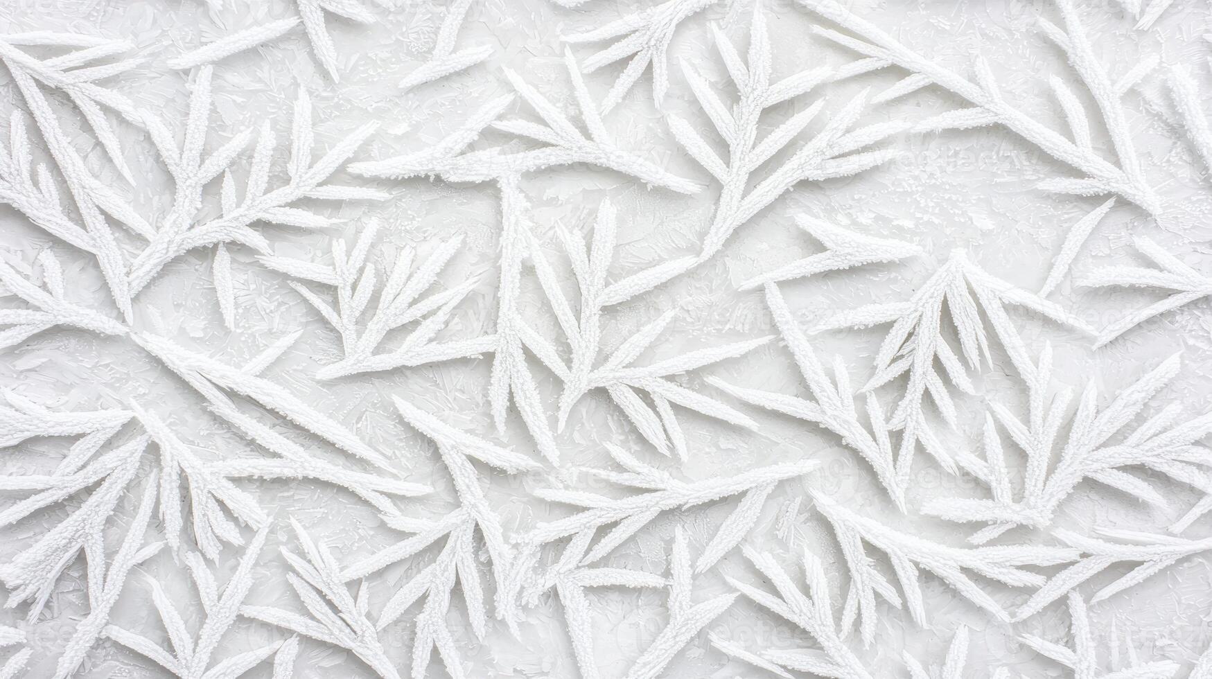 Elegant White Frost Pattern Winter Branches Nature Texture Background Frosted Leaves Design photo