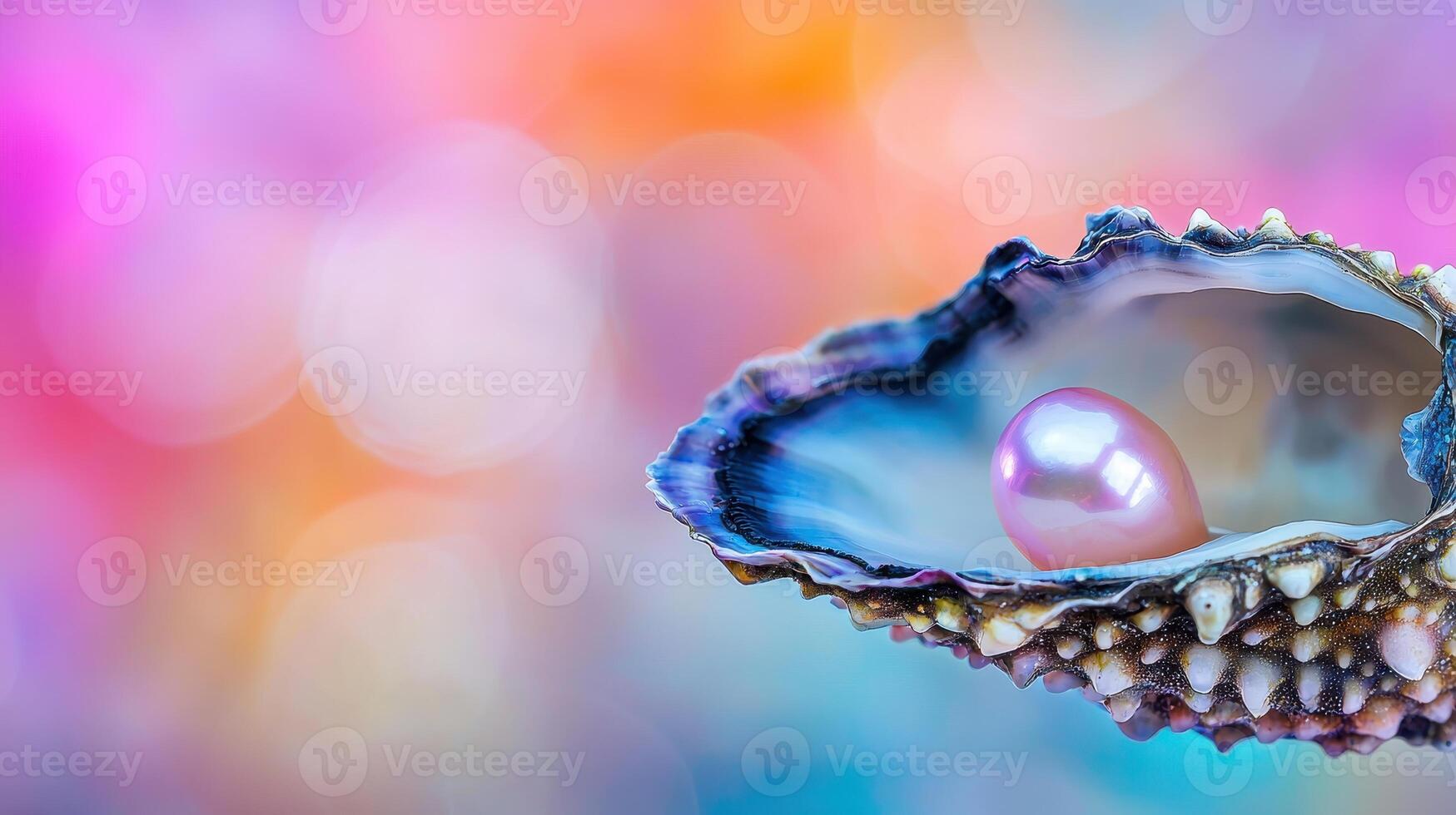 Vibrant Pink Pearl in Oyster Shell Pastel Background Macro Shot photo