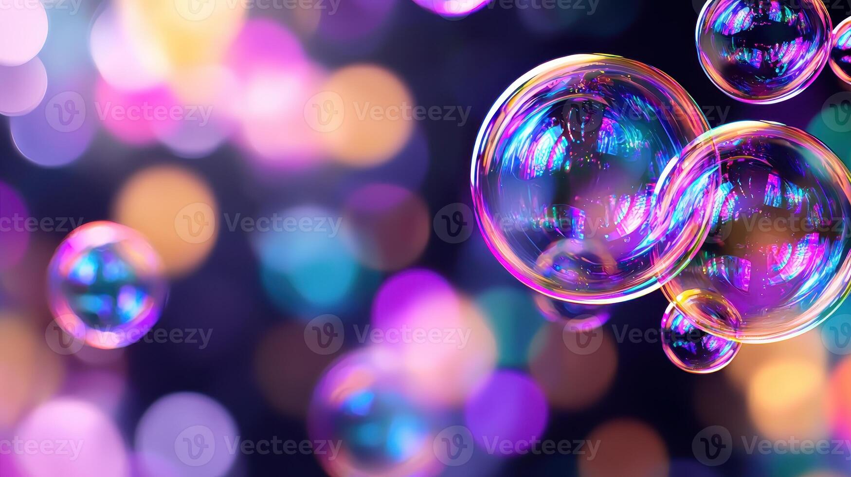 Vibrant iridescent soap bubbles floating against a bokeh background of purple pink and teal lights photo