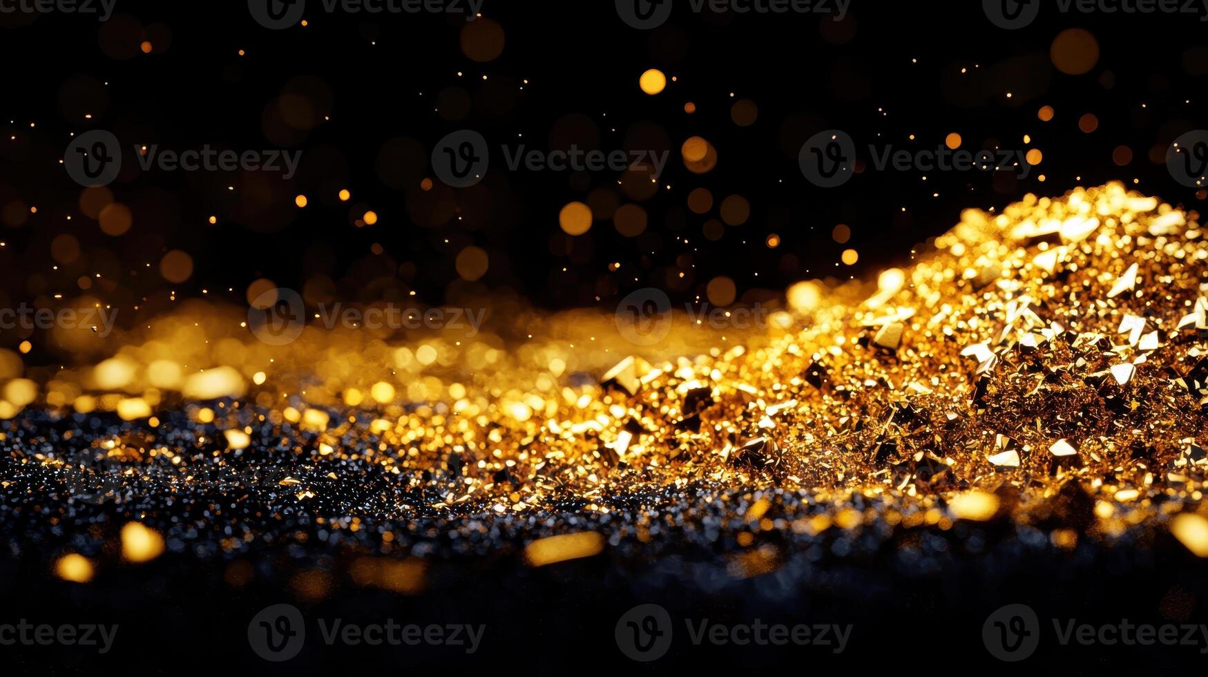 Sparkling Gold Glitter Texture Luxurious Golden Crystals and Shimmering Particles on Black photo