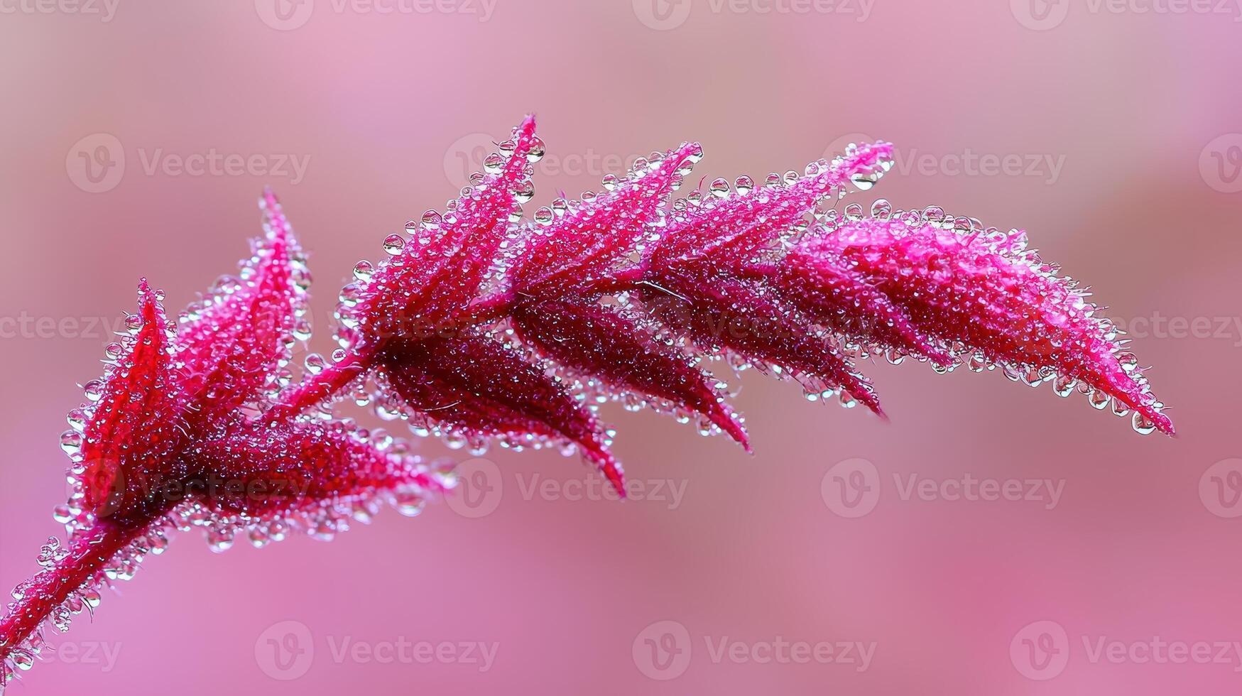 Vibrant Pink Plant Branch with Dew Drops Macro Photography Nature Close up photo