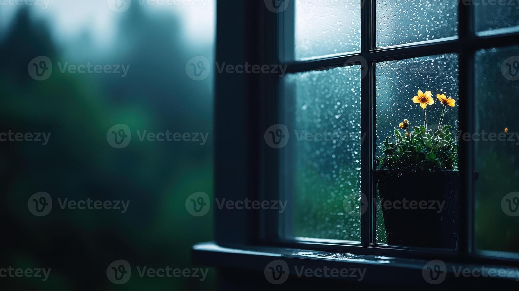 Rainy Day Window View Yellow Flowers in Pot Raindrops on Glass photo