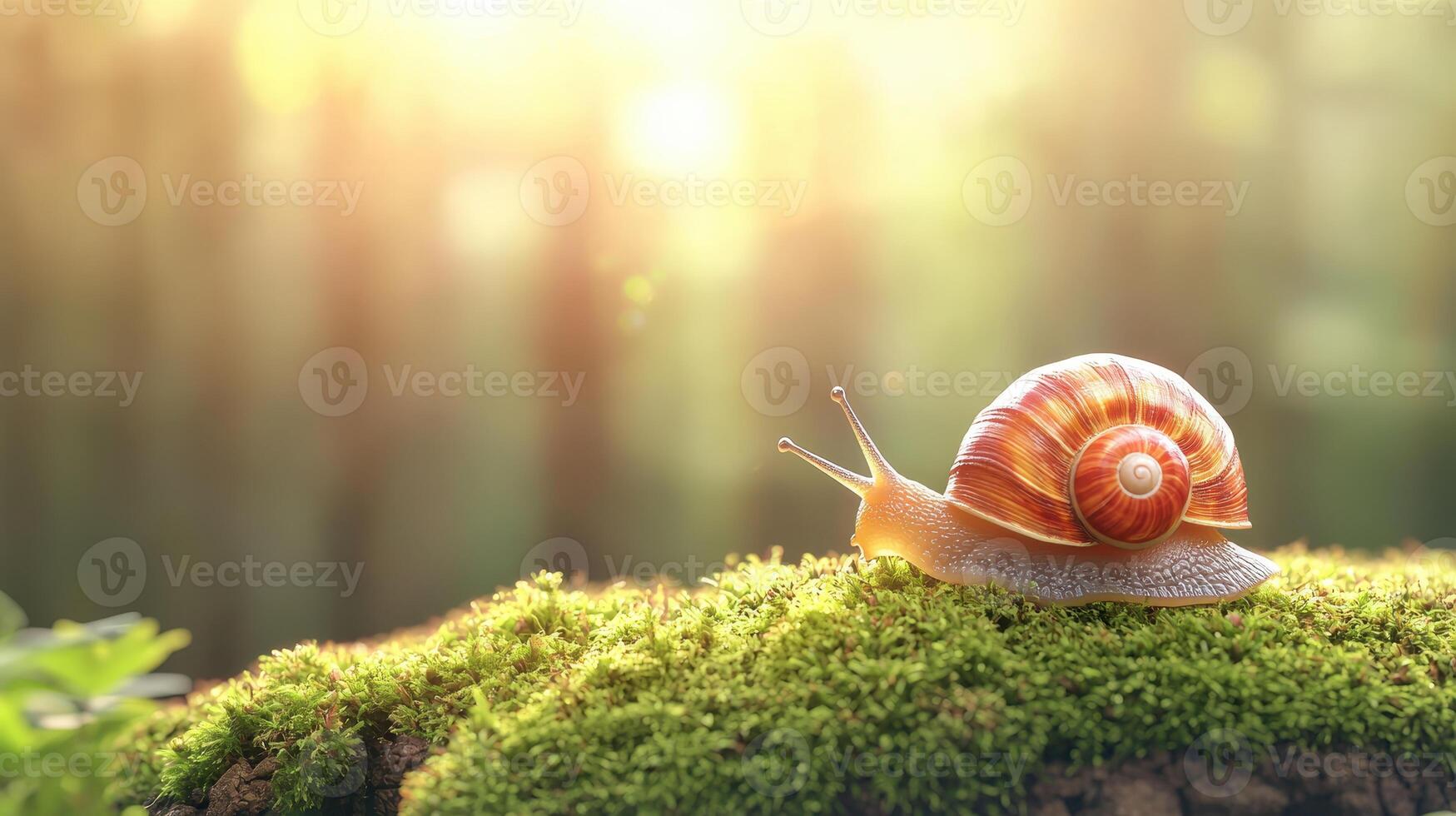 Snail Crawling on Moss in Sunlight Nature Macro Photography Forest Background photo