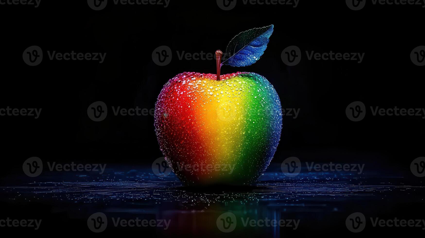 Vibrant Rainbow Apple with Water Droplets Dark Background Studio Shot photo