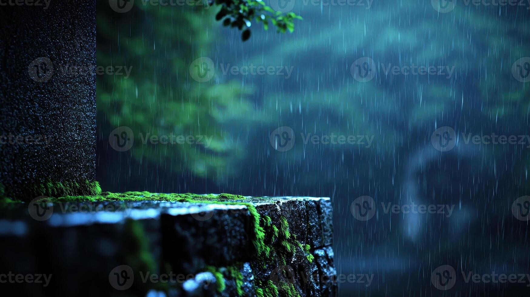 Serene Rainy Day Scene Mossy Stone Wall in a Lush Green Park photo