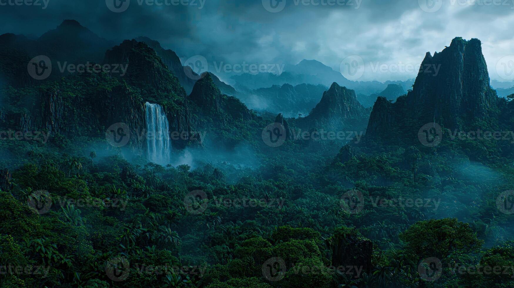 Lush Tropical Rainforest Landscape with Waterfall Misty Mountains and Dense Vegetation photo