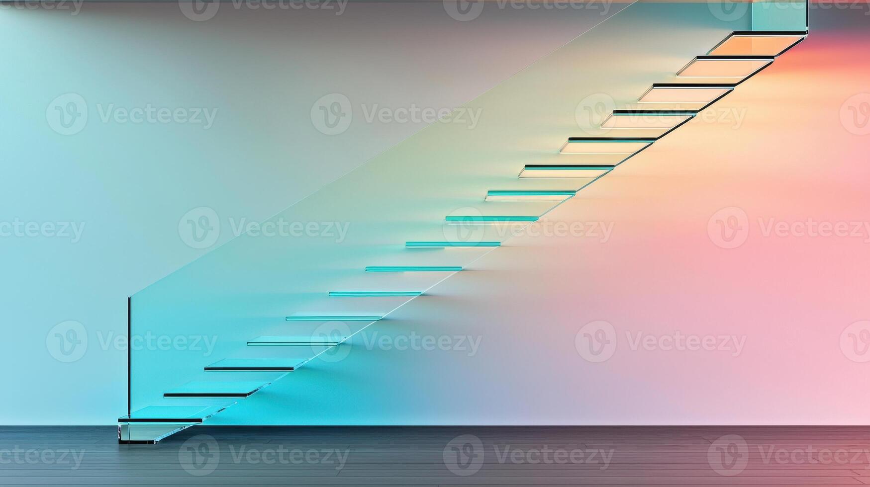 Modern Glass Staircase Design Teal and Pink Gradient Wall Interior Architecture photo