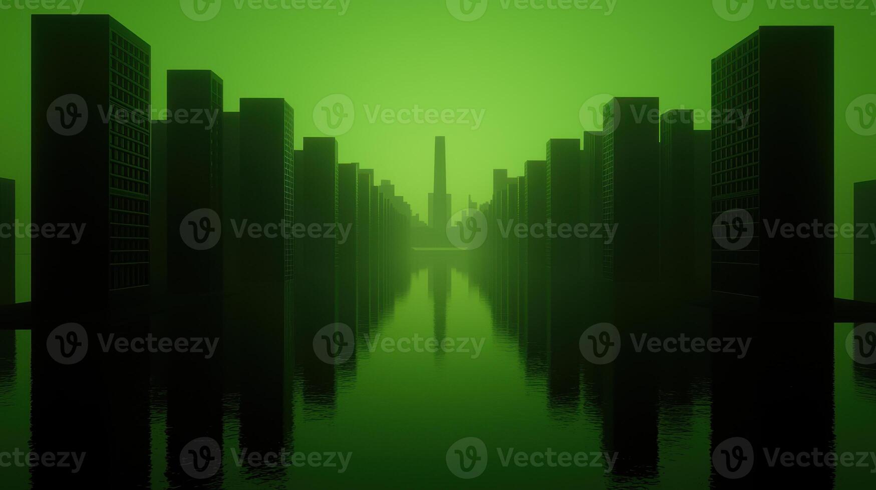 Futuristic Cityscape Green Foggy Metropolis Dark Buildings Reflecting in Water photo