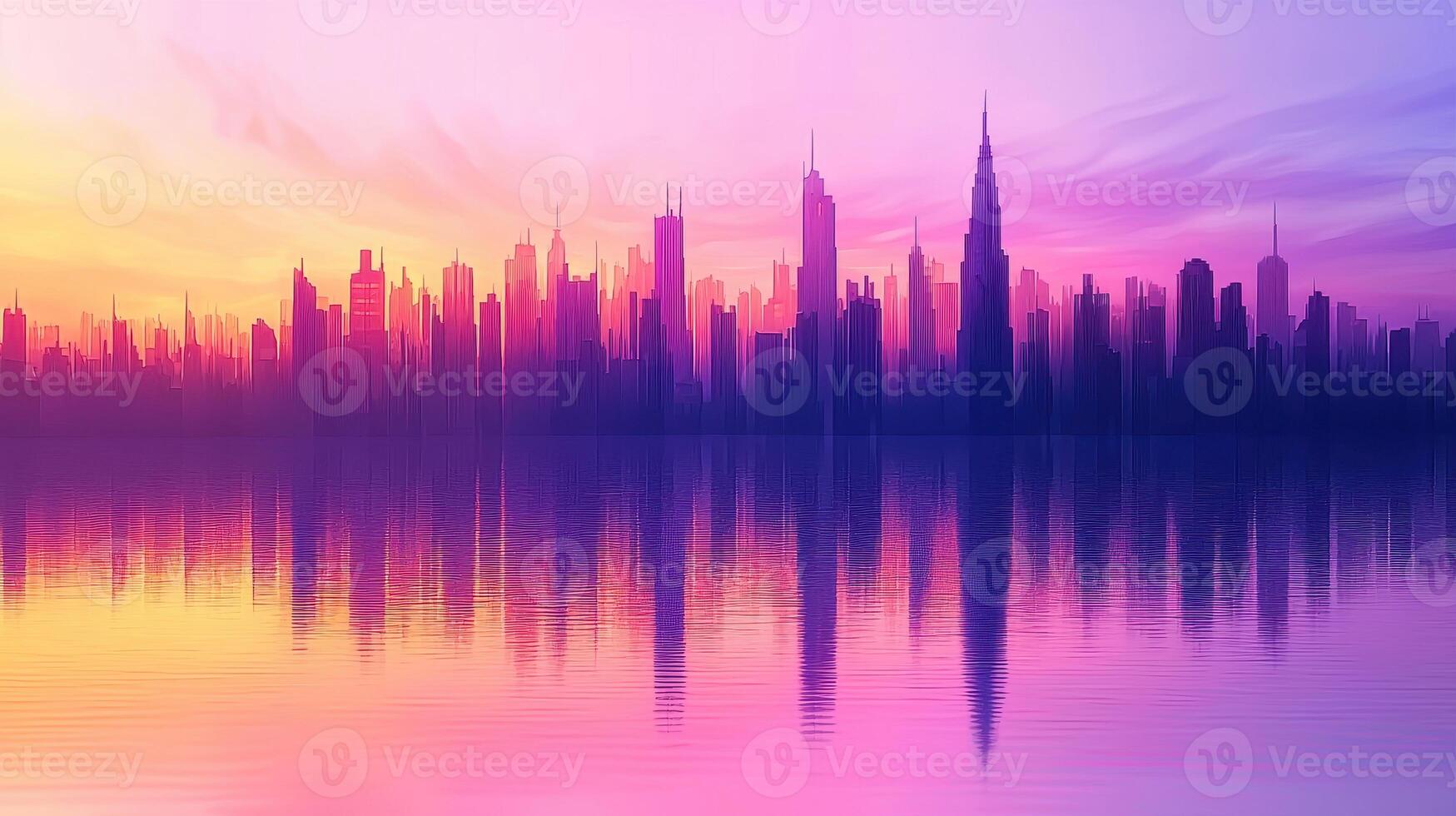 Vibrant City Skyline Reflected in Calm Water at Sunset Urban Landscape Panorama photo