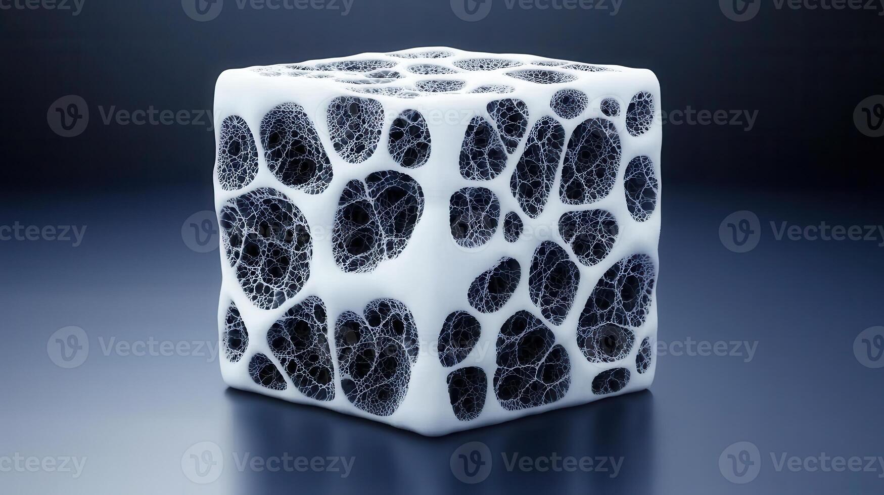 Abstract 3D Render of a White Cube with Intricate Black Lattice Structure photo
