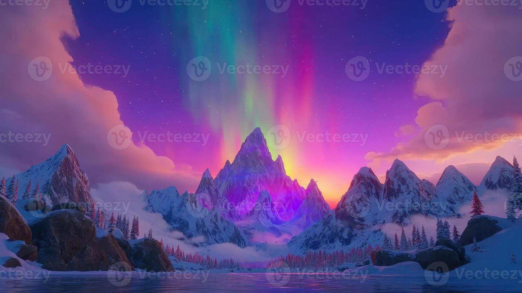 Majestic Winter Mountain Range at Sunset with Vibrant Aurora Borealis Display photo