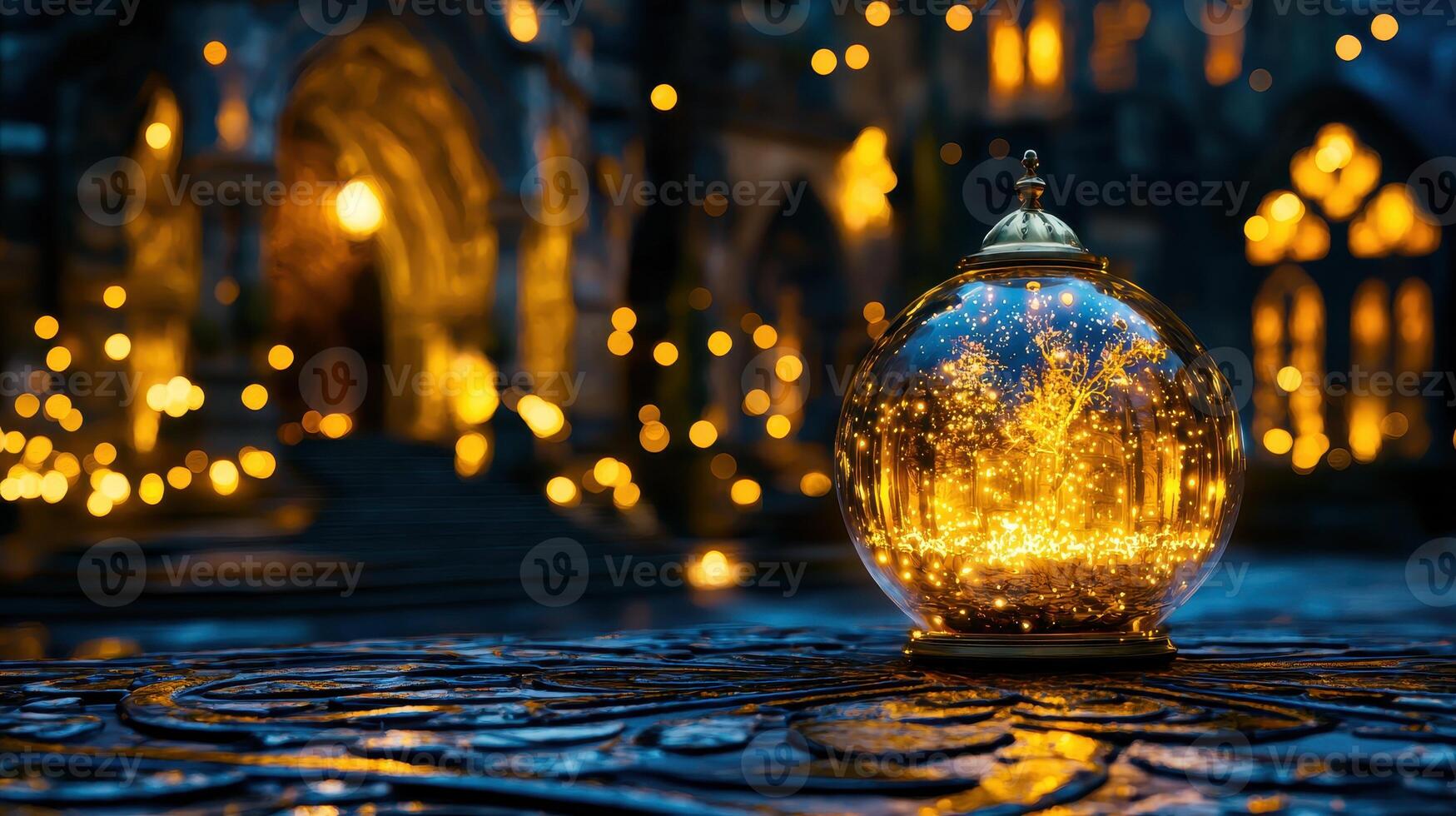 Enchanting Illuminated Glass Orb with Tree Reflection in a Magical Night Setting photo