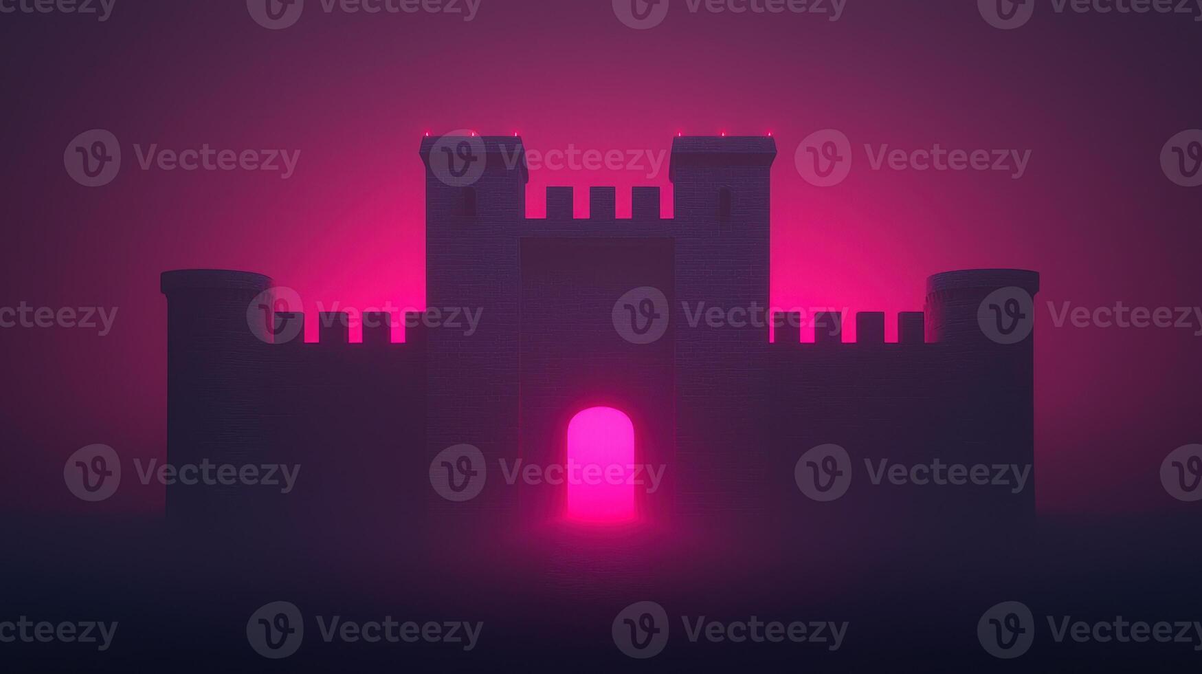 Mysterious Illuminated Castle Gate at Night Fantasy Fortress Pink Neon Glow photo