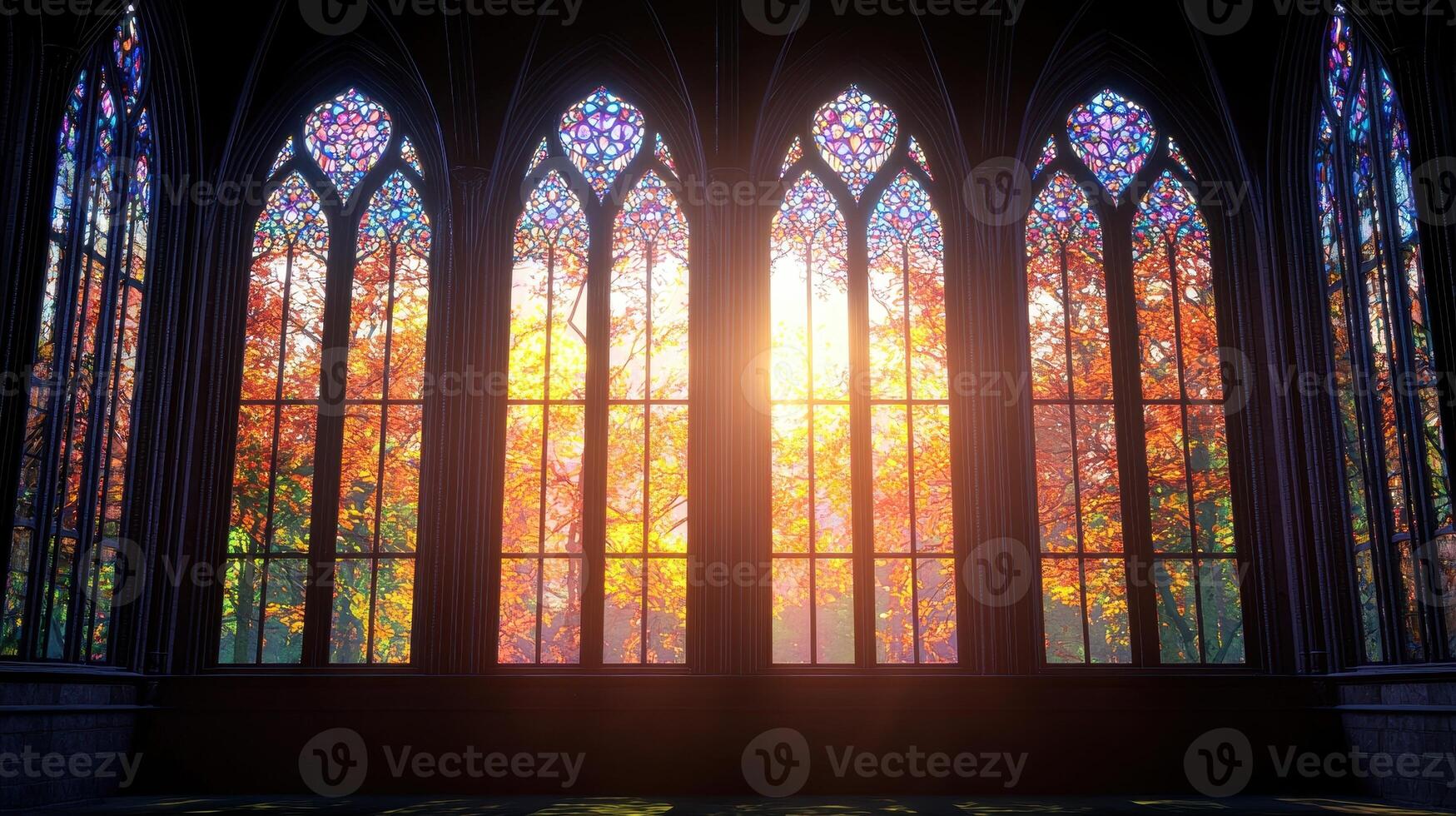 Majestic Gothic Cathedral Windows with Autumnal Sunlight and Colorful Trees photo