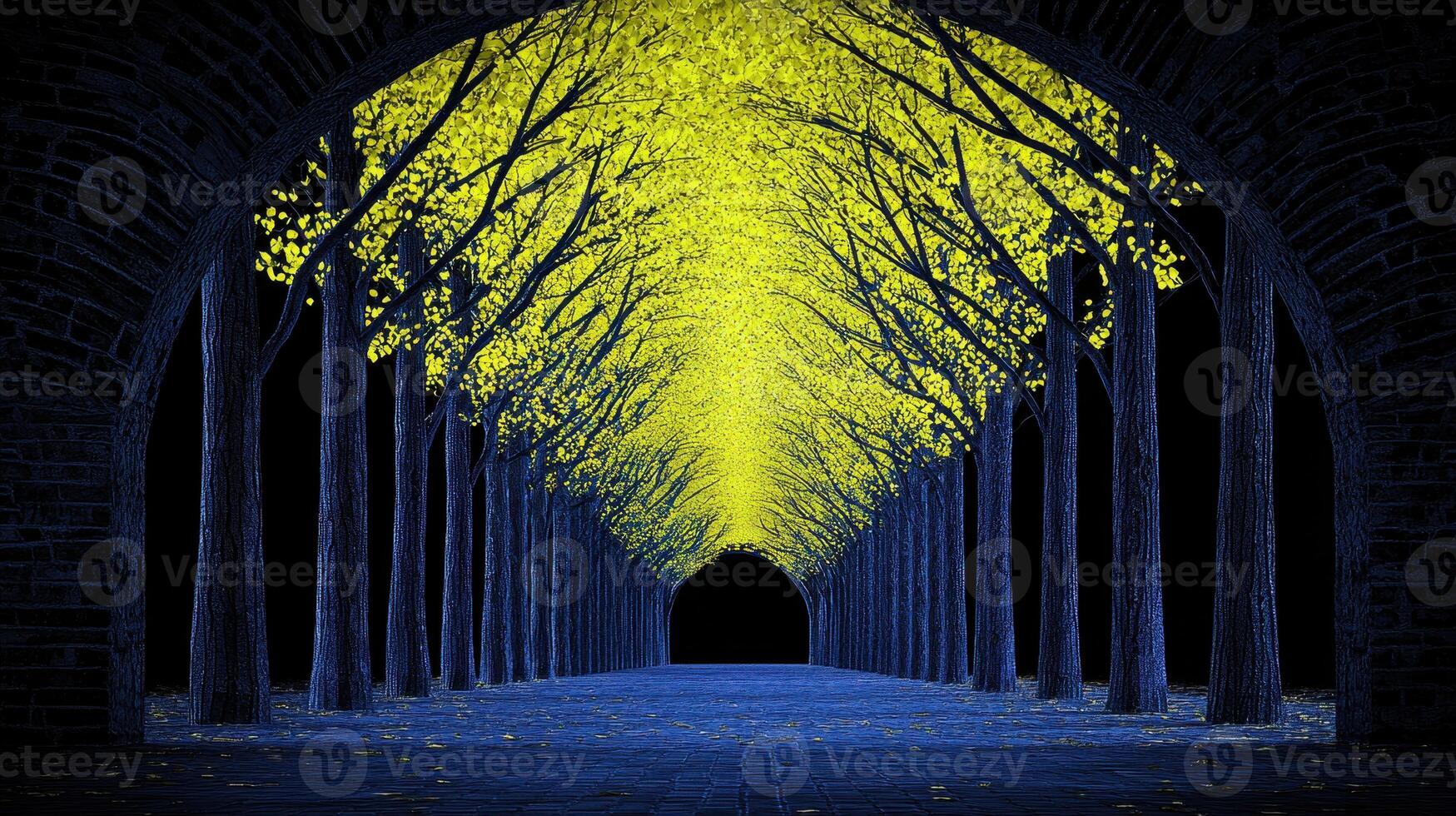 Enchanting Night Scene Yellow Leaf Trees Tunnel Under Archway photo