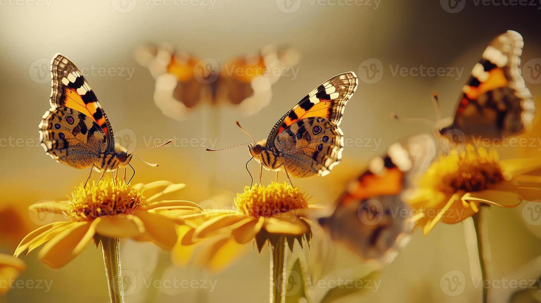 Two Painted Lady Butterflies on Bright Yellow Flowers in Sunny Meadow Nature Close up photo