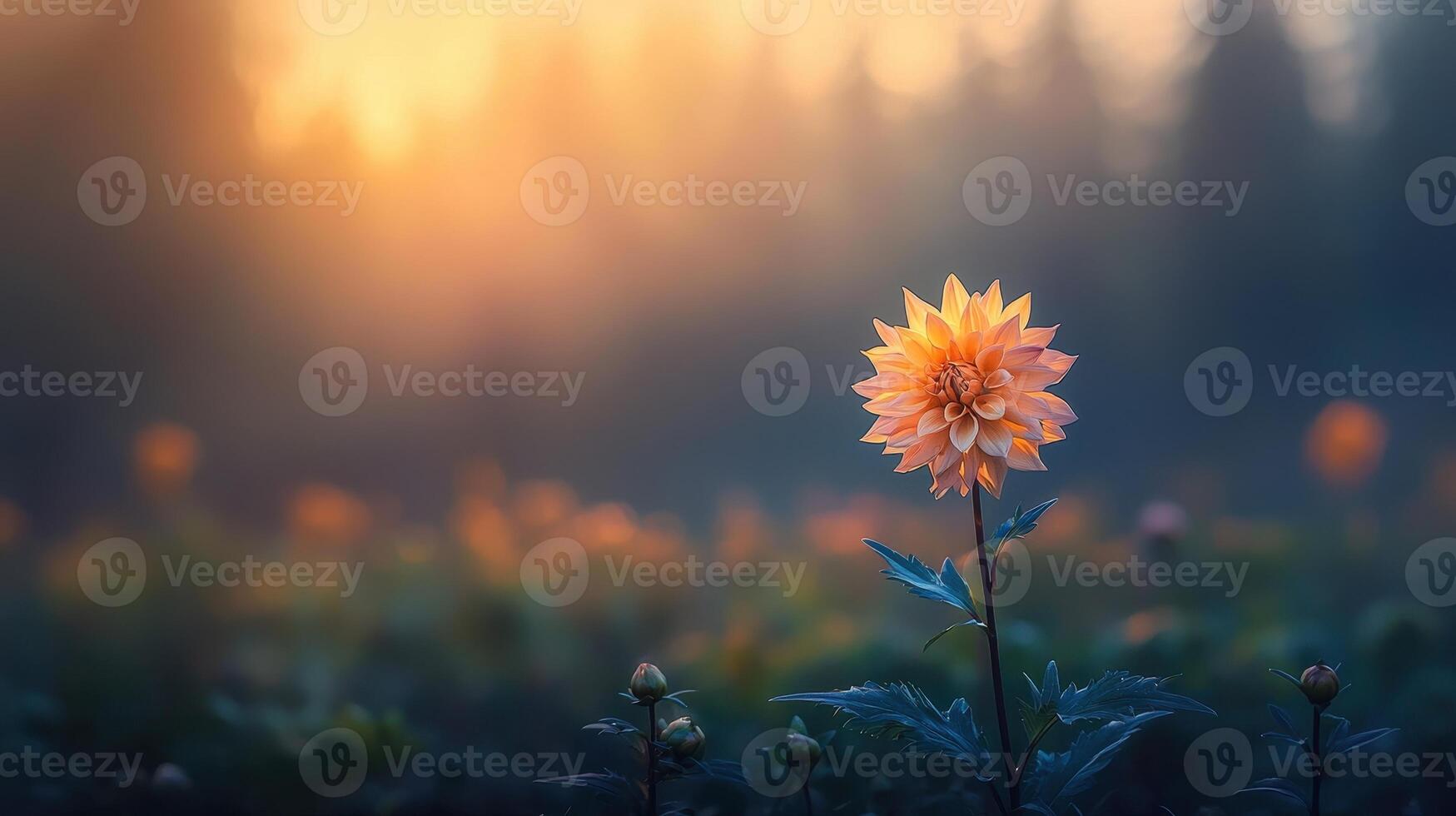 Serene Sunset Dahlia Flower in Soft Focus Field Peaceful Nature Scene photo