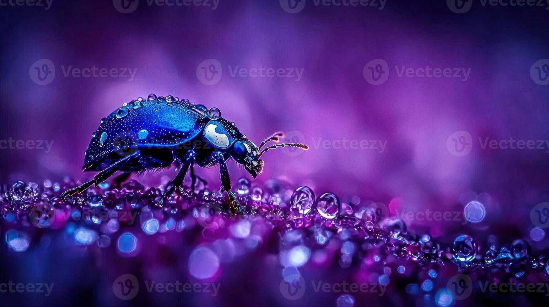 Vibrant Blue Beetle on Dew Covered Purple Flower Macro Photography photo