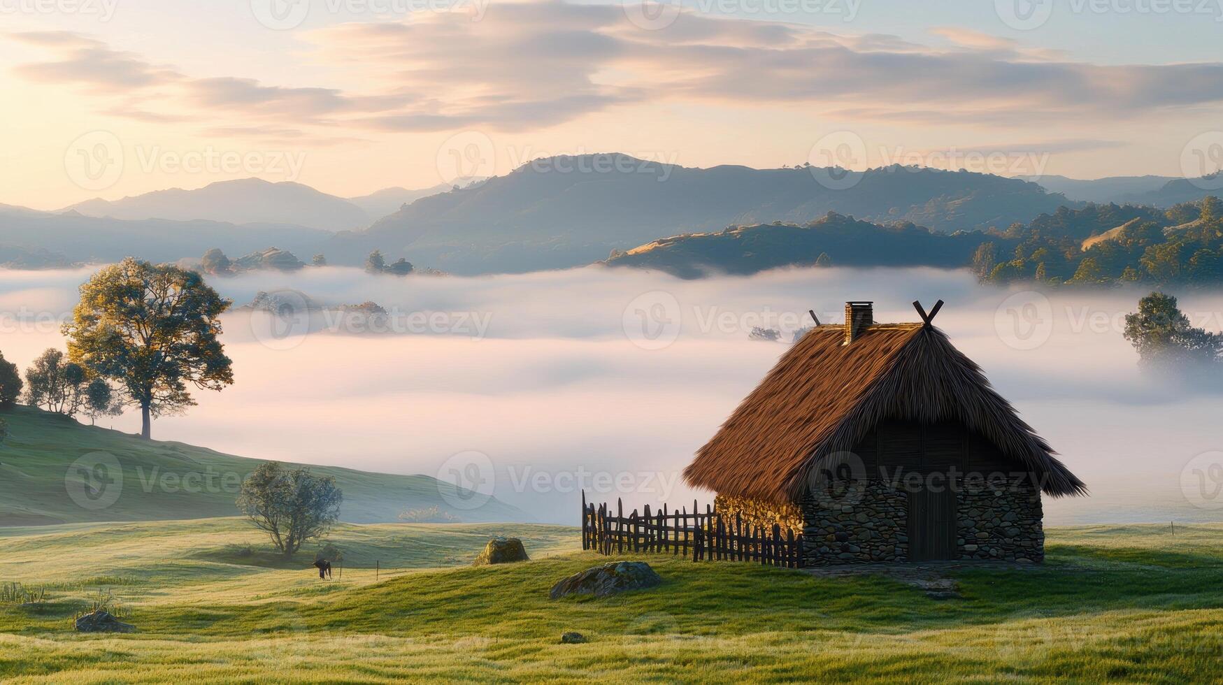 Serene Sunrise Stone Cottage in Misty Mountain Valley Landscape photo